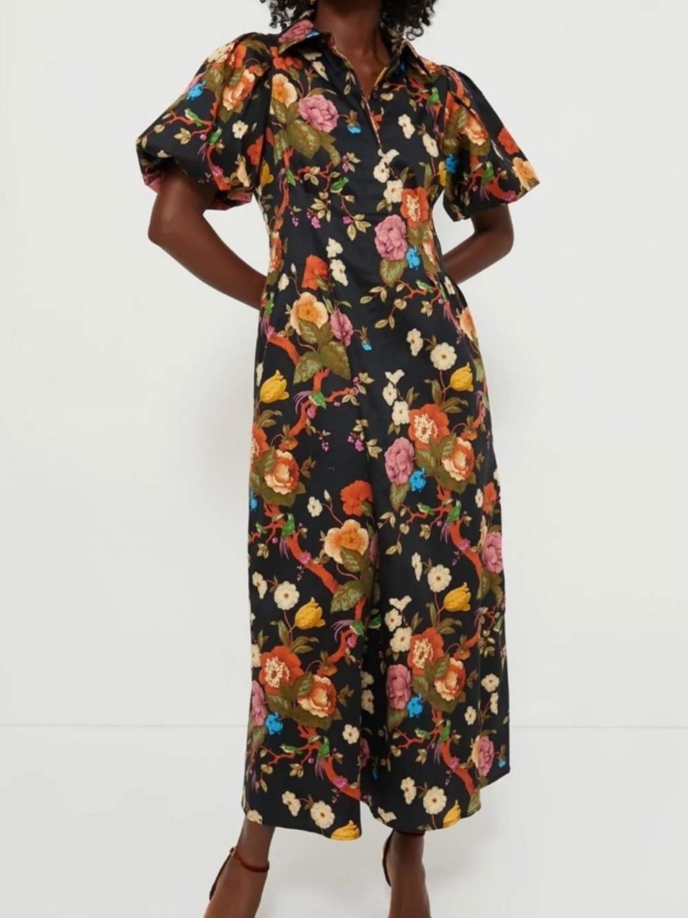 Tuckernuck floral Puff-Sleeve Midi Dress in Black